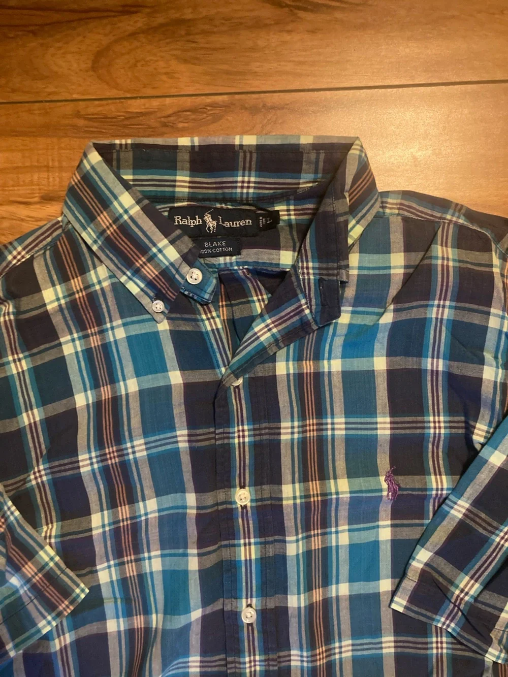 Ralph Lauren Blake Mens L Blue Plaid Button Down Shirt Purple Pony 100% Cotton